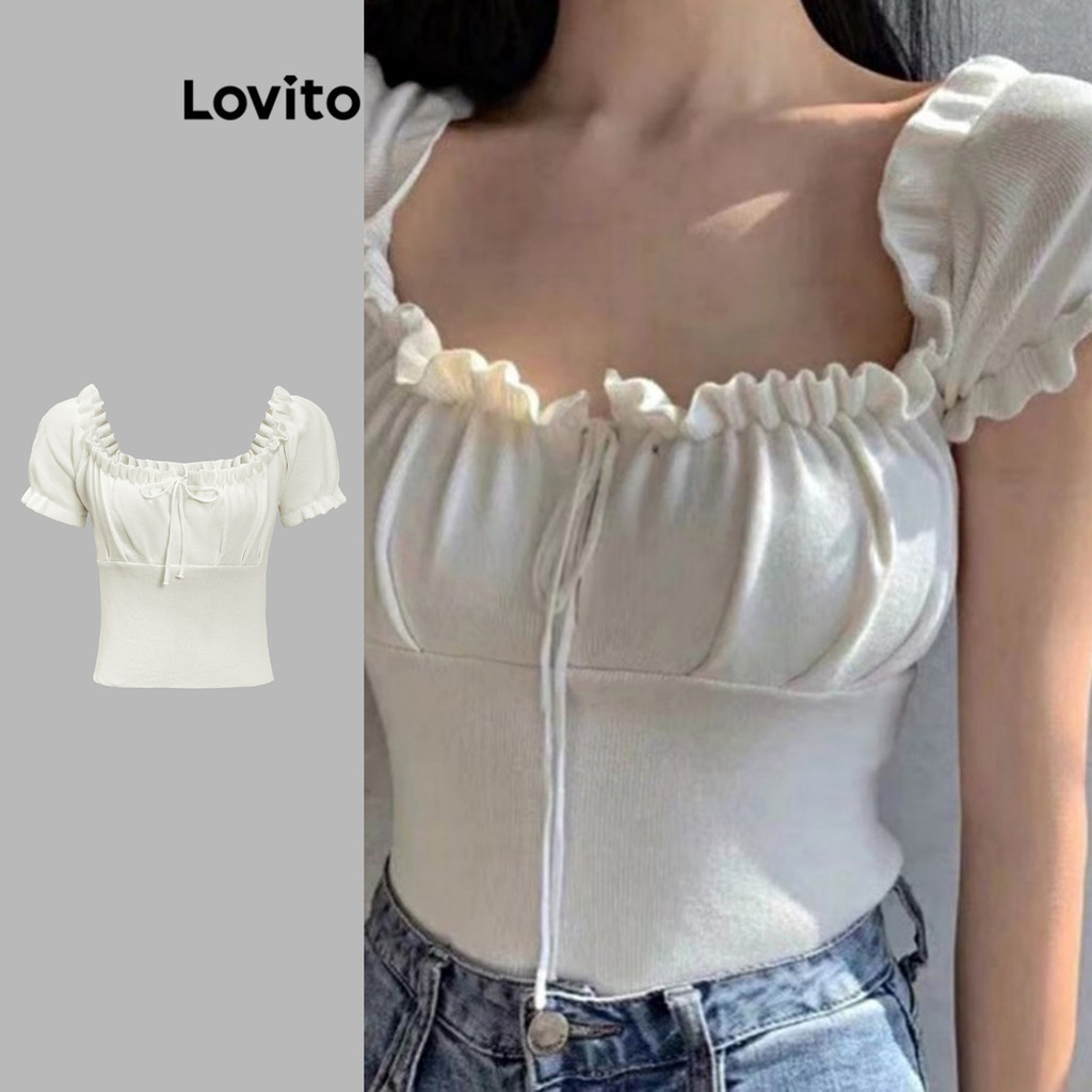 Lovito Top De Malha Casual Liso Plissado Com Cadarço Para Mulheres L87ED323 - Women Clothes