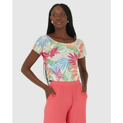 Blusa Feminina Estampa Folhagem Em Malha Canelada De Viscose