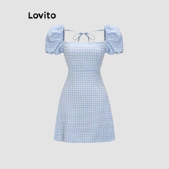 Lovito Xadrez Férias Vestido Feminino Com Cadarço Vestido De Verão/primavera Bordado L55Ad100