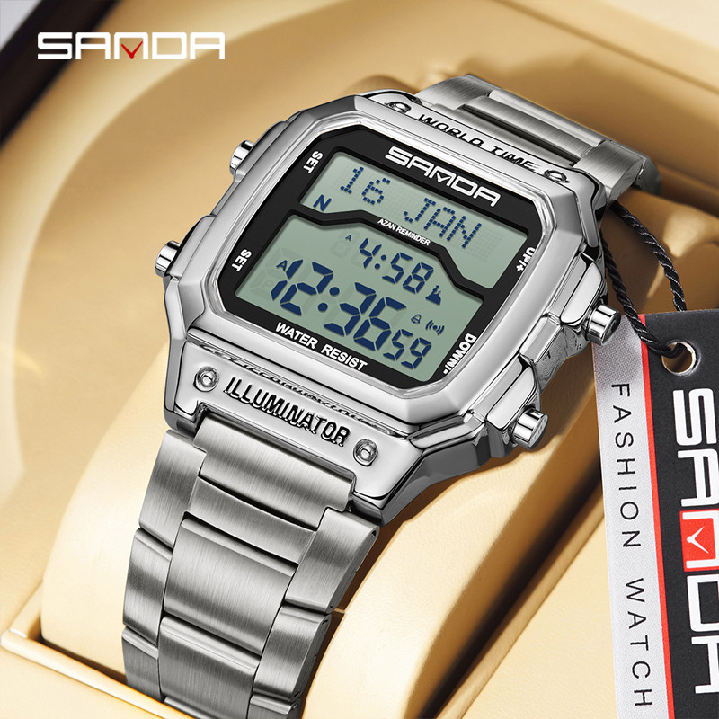 SANDA Aço Inoxidável À Prova D'água Ao Ar Livre Multifuncional LED Relógio Eletrônico Masculino Presente SD2173-1