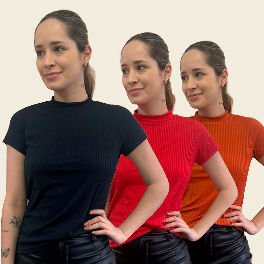 Kit 5 Blusas Básicas Com Manga Curta Gola Alta Feminino Glam Store Cores Sortidas Tam P ao GG