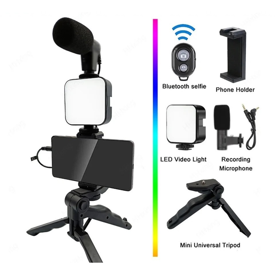 Kit Gravaçao 4 Em 1 Com Microfone, Led, Suporte Celular