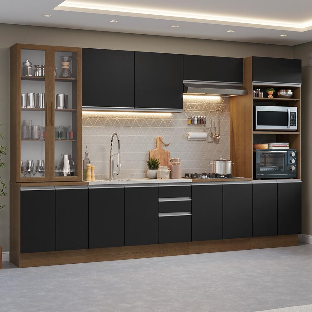 Armário de Cozinha Completa 340cm Rustic/Preto Glamy Madesa 01 - Home & Living