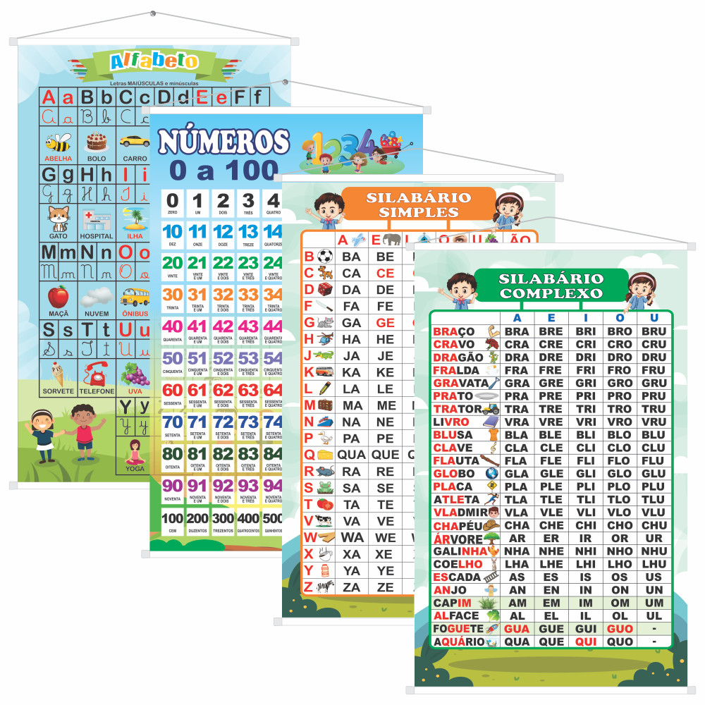 Kit 4 Banners Apoio Pedagógico Ilustrado Silabário Simples Complexo Alfabeto Números 0 a 100 Extenso em Oferta na Shopee