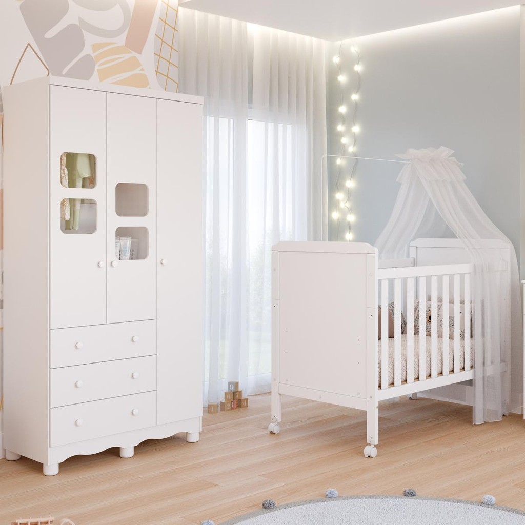 Quarto de Bebê Completo Berço Mini Cama Cloe 2 Em 1 Guarda Roupa Uli 3 Portas 3 Gavetas 100% MDF - Mom & Baby