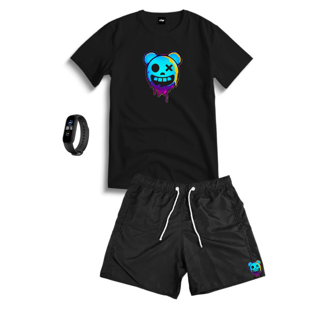 Conjunto Kit Masculino URSODEAD Camisa 100% Algodão + Bermuda Tactel Estampada + Relogio Digital