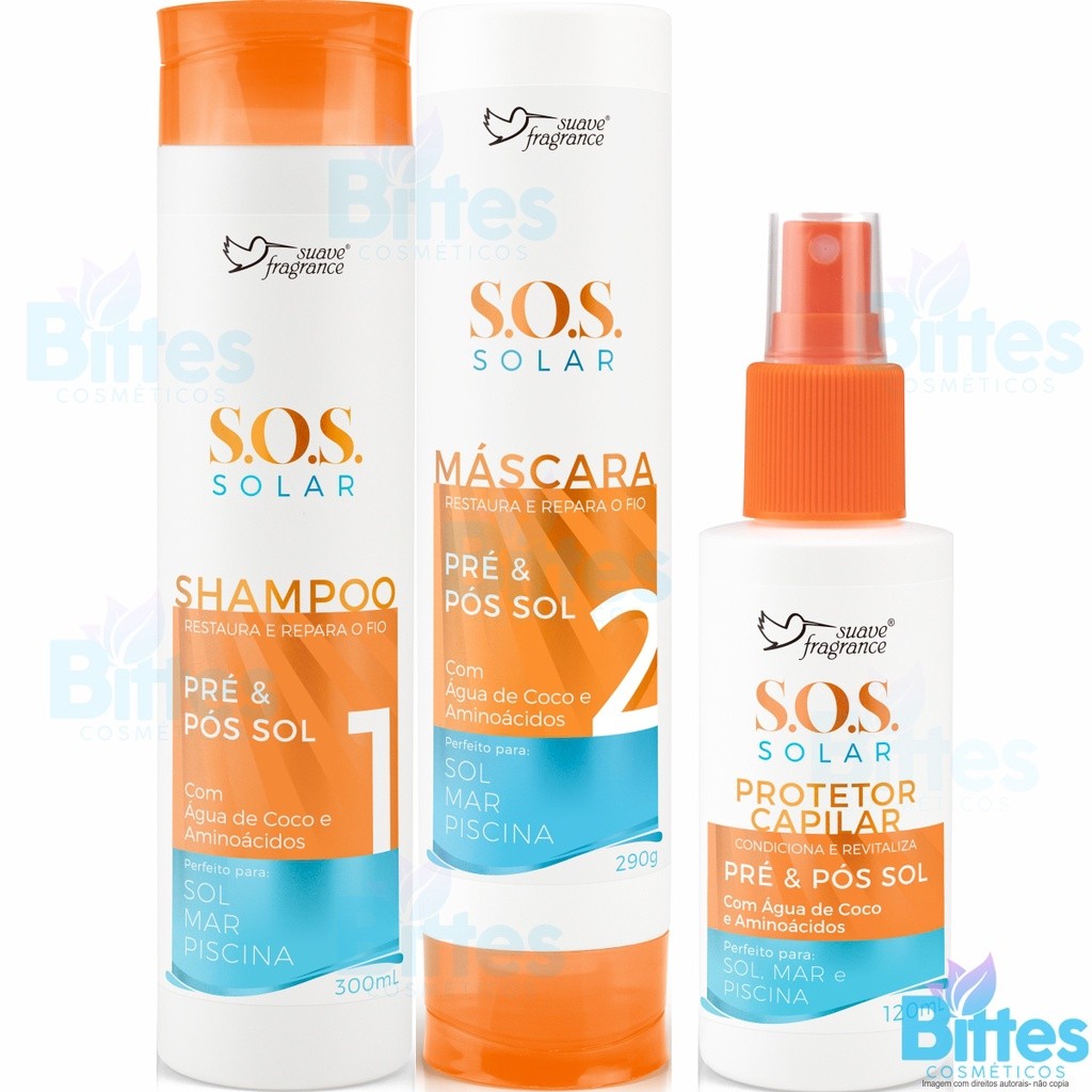 Kit Sos. Solar Suave Fragrance Cosméticos Protetor Capilar Pré e Pós Sol Hidratação Dos Fios