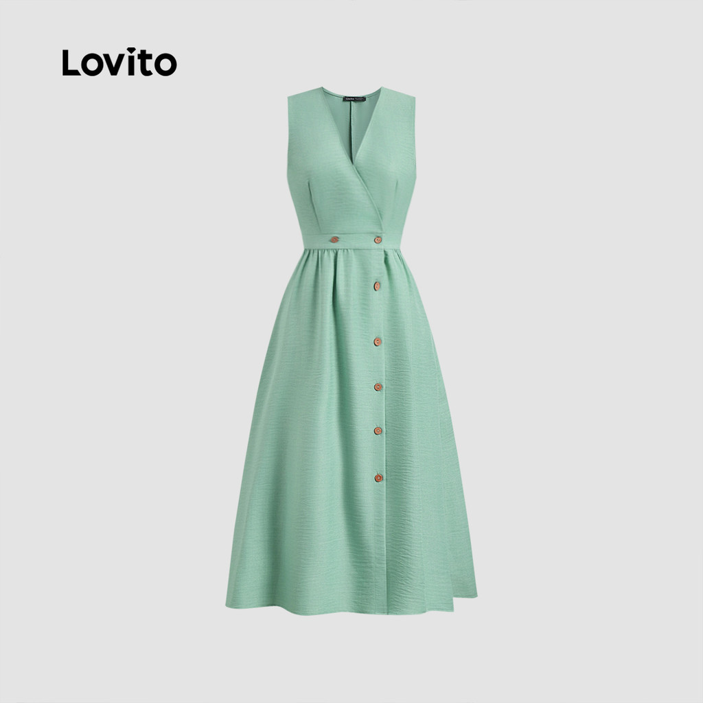 (Trendy) Lovito Vestido Casual assimétrico com botão liso para mulheres LBL23822 - Women Clothes