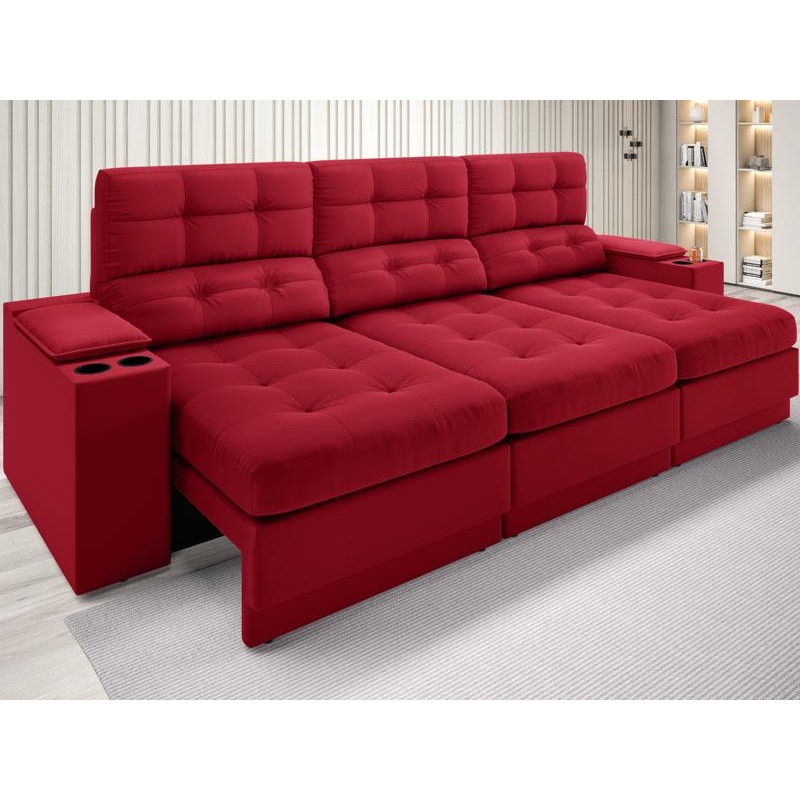 Sofá com Porta Copos e Carregador USB Eureka 2,30m Assento Retrátil e Reclinável Velosuede Vermelho - NETSOFAS