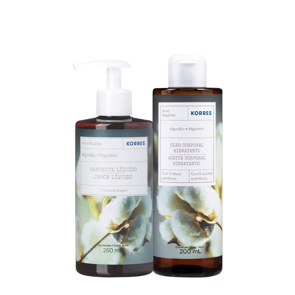 Kit Korres Algodão Puro Sabonete Óleo Corporal (2 produtos) em Oferta na Shopee