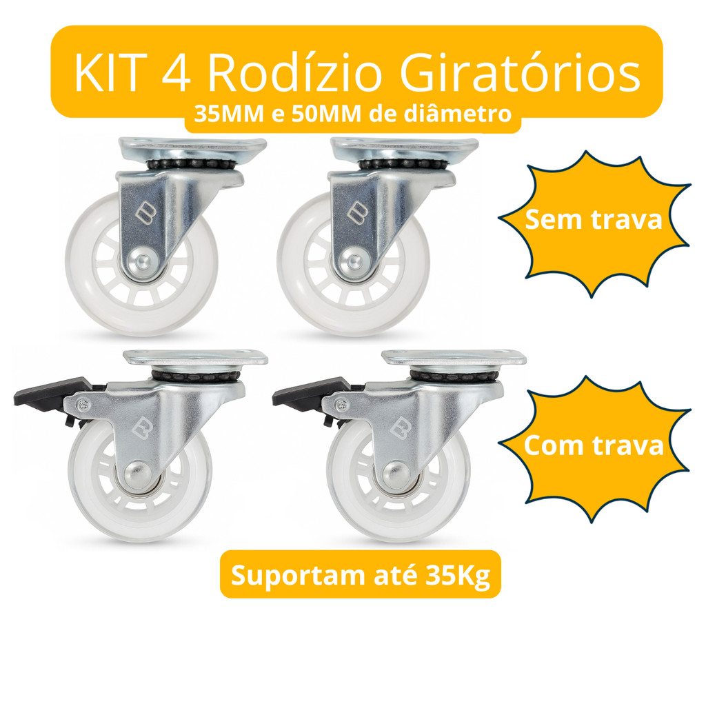 KIT c/ 4 Rodinhas Base Giratória Gel Rodízio Silicone Bendoor - Com Trava e Sem Trava - 35mm 50mm