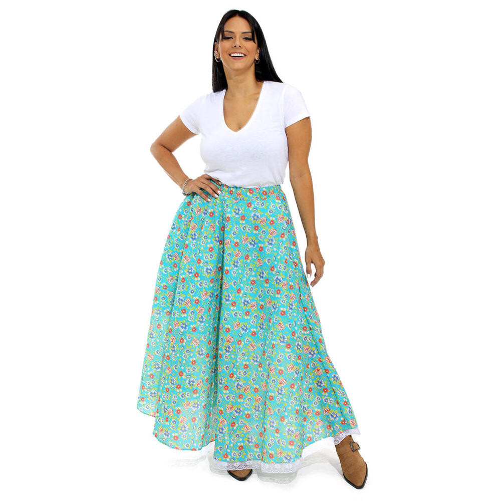 Saia Junina Carimbo Adulto Longa Azul Floral Com Renda
