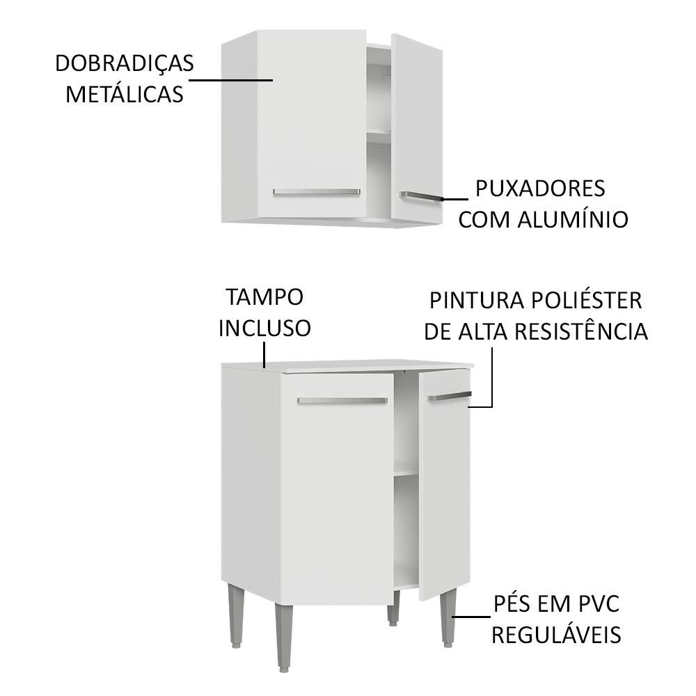 Detalhes do Kit com Armário Aéreo e Balcão 64cm Branco Emilly Madesa