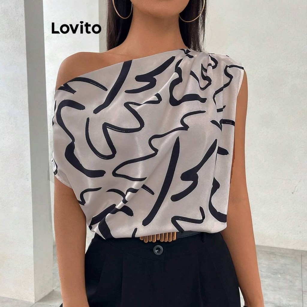 Lovito Blusa elegante pintada à mão com ombros descobertos e assimétrica para mulheres LBL18052 - Women Clothes