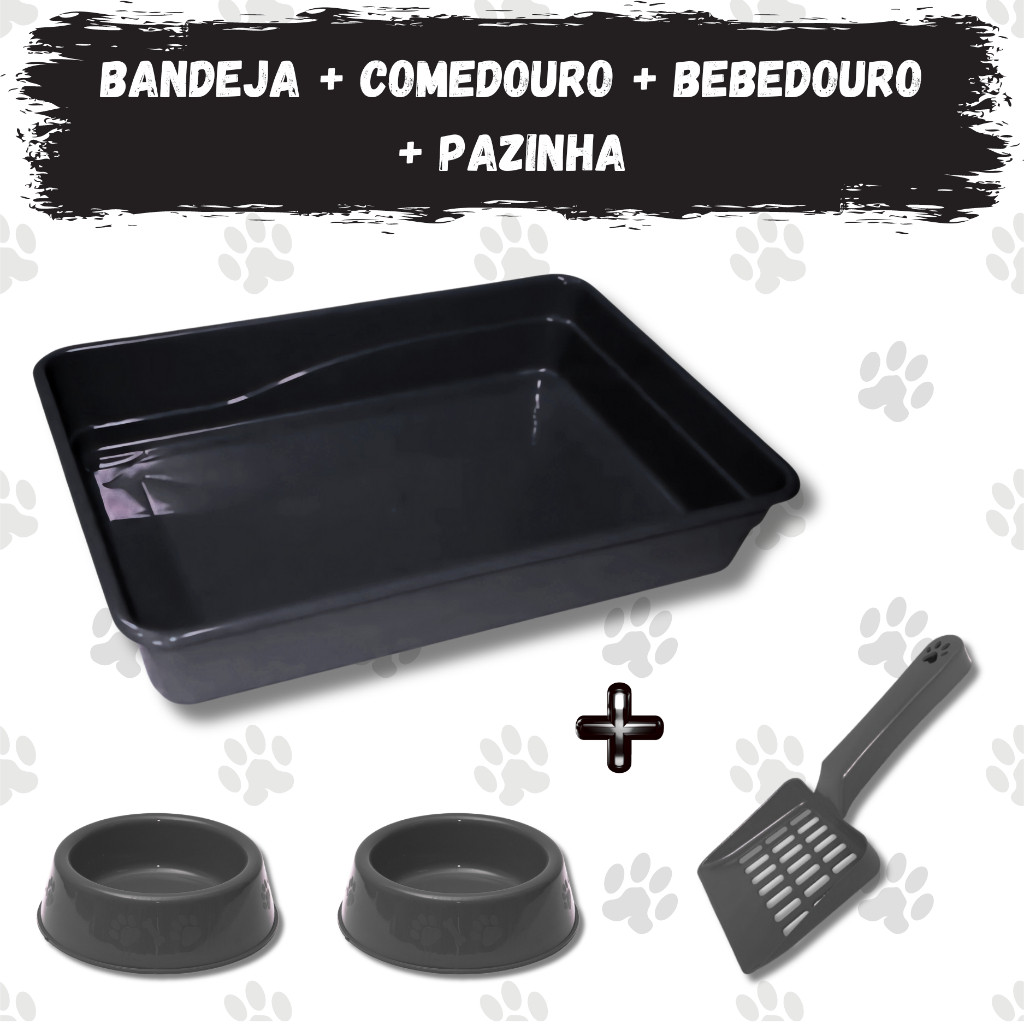 Kit Caixa de Areia para Gatos Bandeja Higiênica + Comedouro + Bebedouro + Pazinha