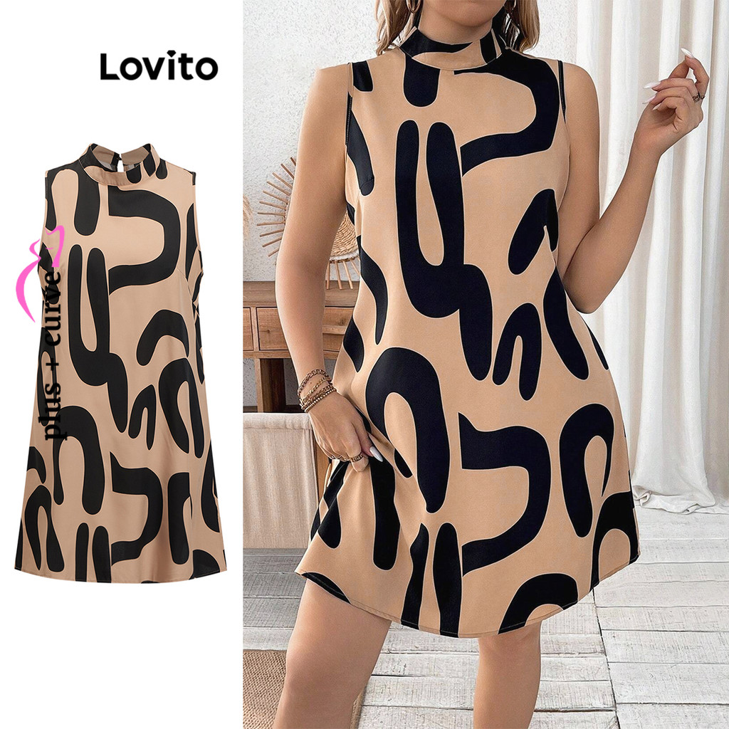 Lovito Vestido Curva Plus Size Elegante Vestido Básico Geométrico Para Mulheres LSL02028 - Women Clothes