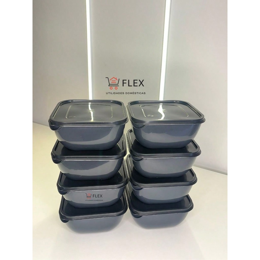 Imagem Conjunto com 8 Potes Plásticos - Formato Quadrado de 1 litro - Tapoer - Organizador de Alimentos - Micro-ondas e Freezer