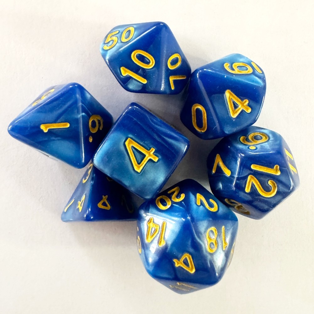 KIT 7 DADOS DICE AZUL PEROLADO CENTRAL JOGO TABULEIRO RPG MESA NÚMERO DOURADO D4 D6 D8 D10 % D12 D20 em Oferta na Shopee