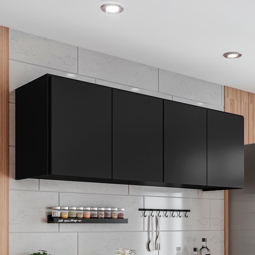 Armário de Cozinha Aéreo 118cm 4 Portas Monna Preto Z34     - Mpozenato