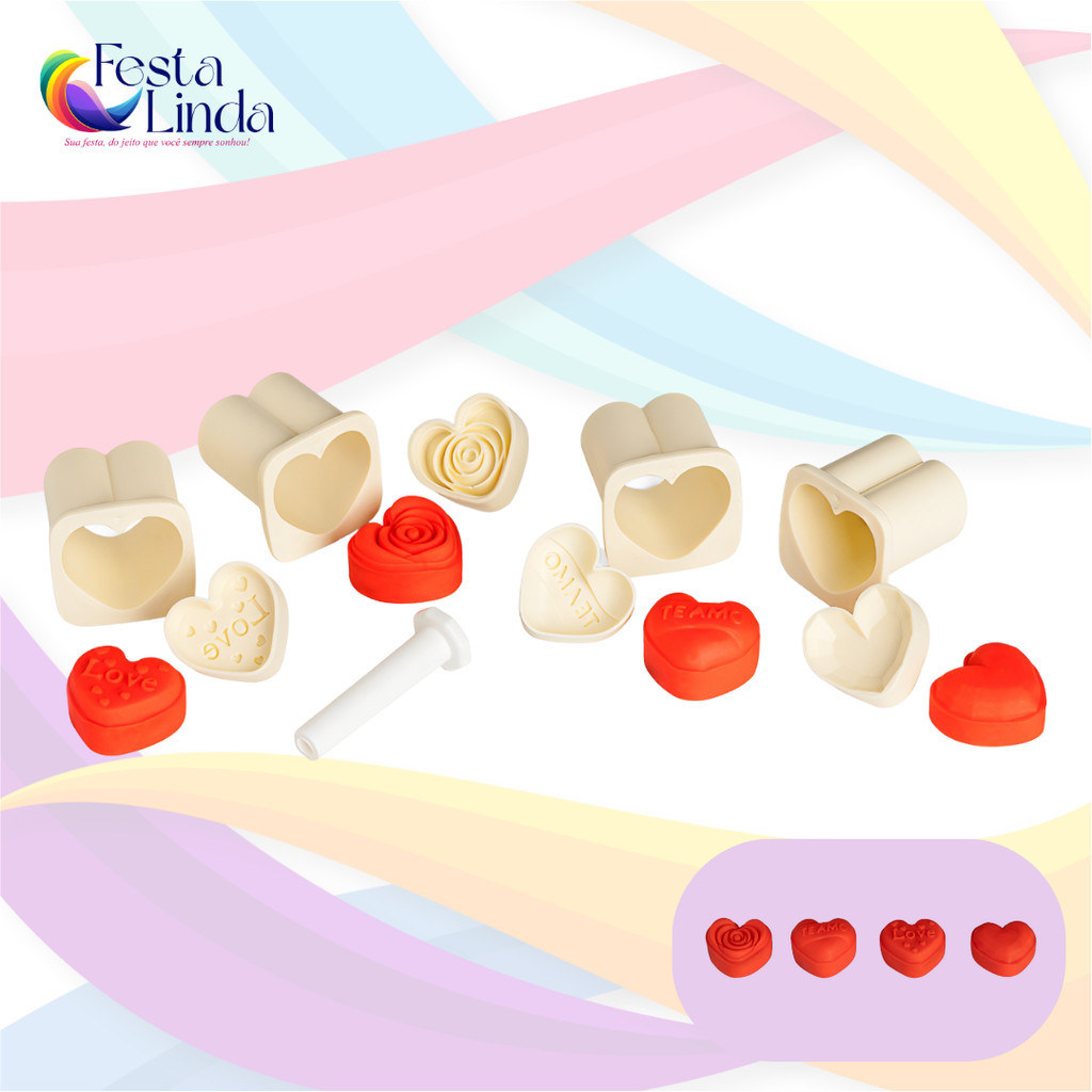 Kit Ejetor Molde Para Massas Brigadeiro e Doces - Coração 6 Peças