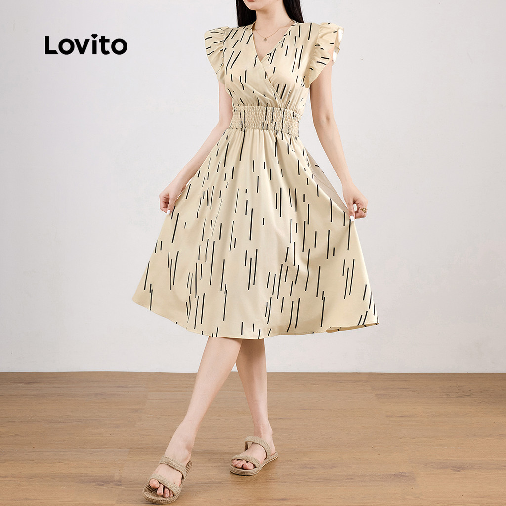 Detalhes do Lovito Vestido Elegante Listrado Com Babados Vestido De Verão/Primavera Para Mulheres L129ED660