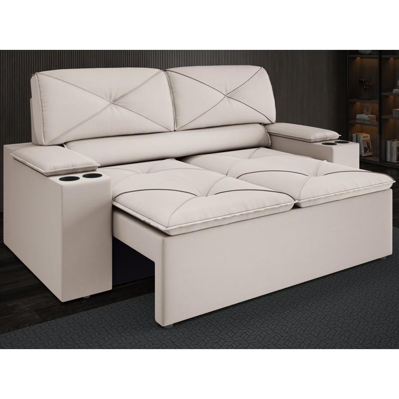 Sofá com Porta Copos Retrátil e Reclinável Pop 1,54m Velosuede Areia - NETSOFAS