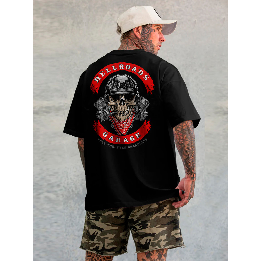 Camiseta Oversized Caveira Motoqueiro Grande Algodão Streetwear Moda
