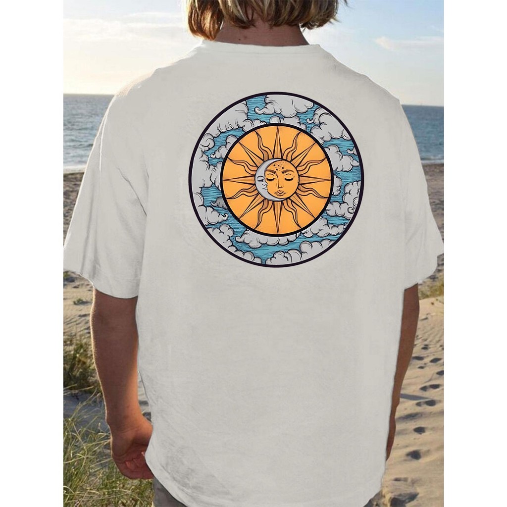Camiseta masculina clássica de manga curta, Design Bright Sun Moon