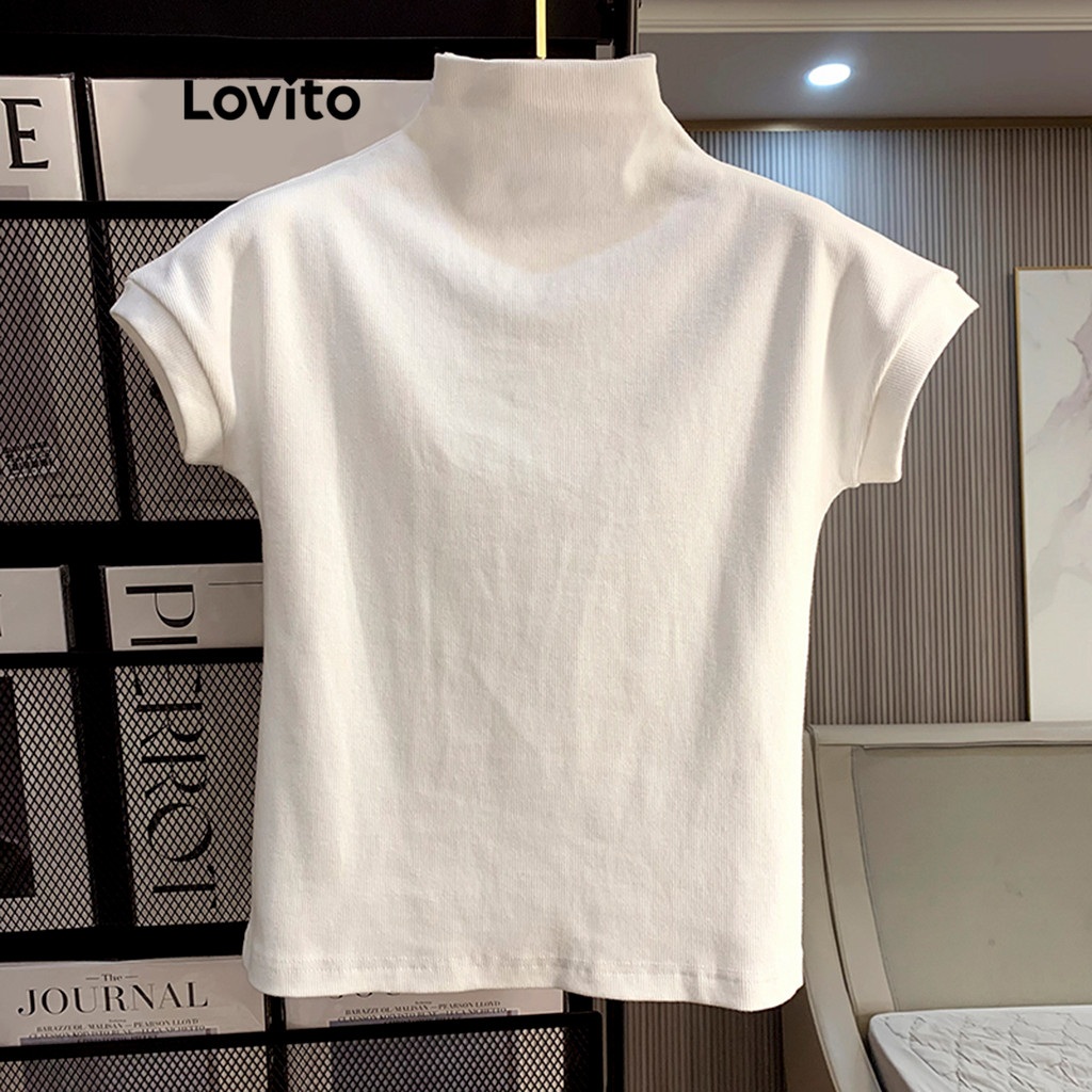 (Trendy) Lovito Camiseta Elegante Lisa Básica Para Mulheres LNE15039 (Branco) em Oferta na Shopee
