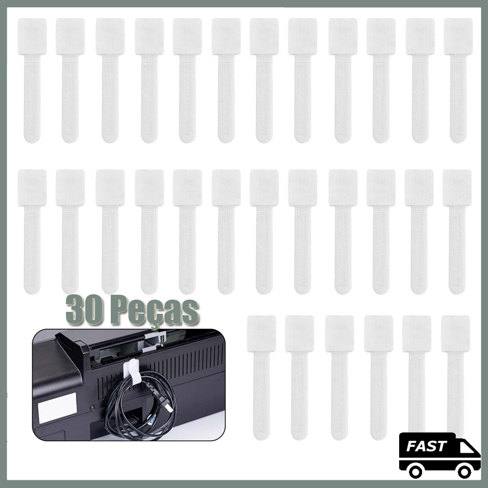 30pcs branco Abraçadeiras Reutilizáveis Auto-Adesivas Ajustáveis para Fixação de Cabos e Gerenciamento de Mesa