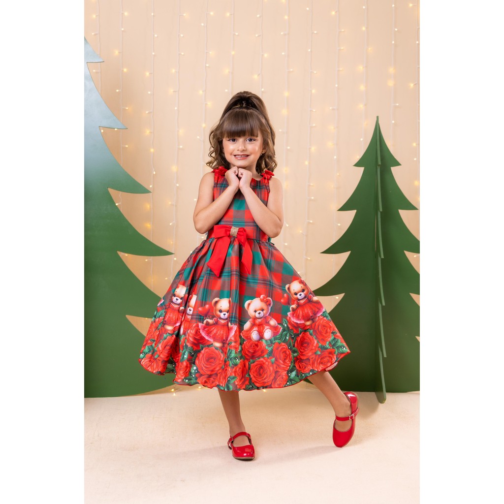 Vestido Xadrez Vermelho Ursinho Natal Infantil Juvenil Festa Casual Conforto Fofo