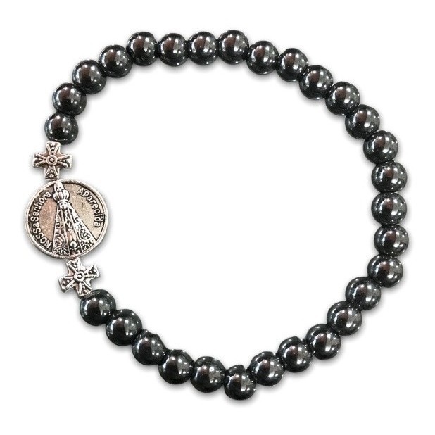 Kit C/12 Pulseira Hematita Medalha Nossa Senhora Aparecida 
