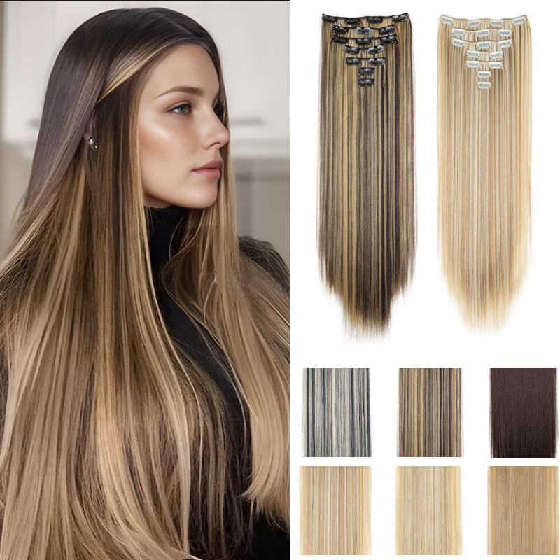 7 Pçs/Set Longo Extensão De Cabelo Liso Peruca Sintética 16 Clipes Peças Cor Misturada Natural Para Mulheres