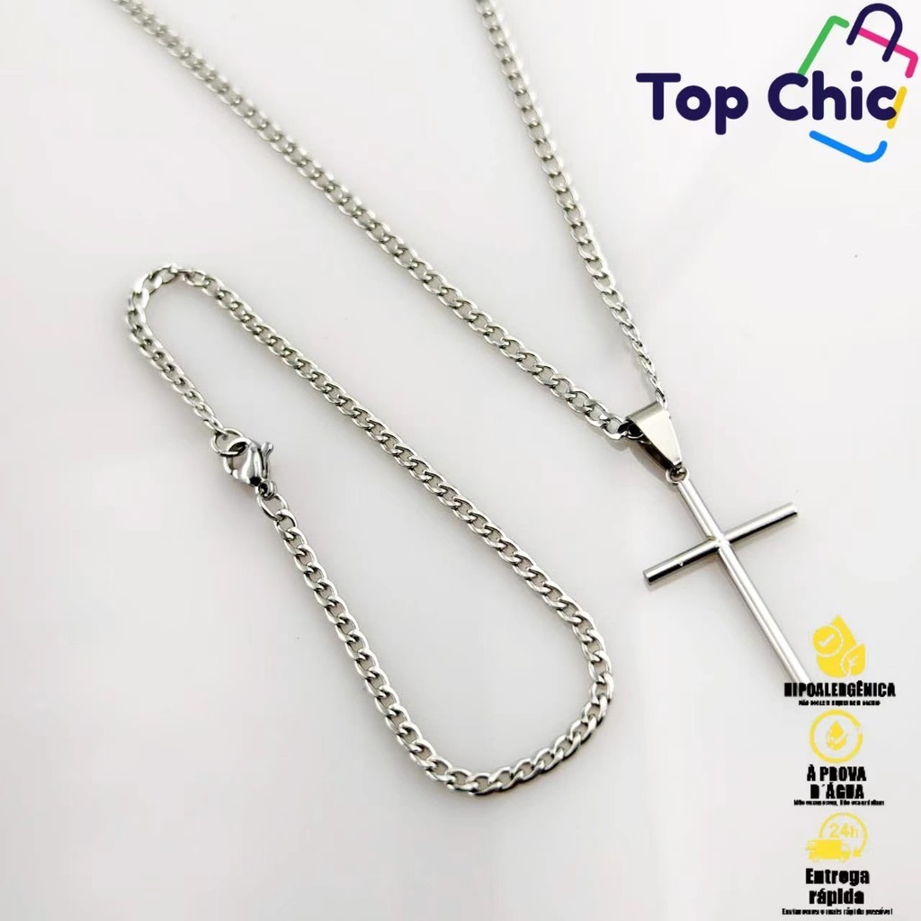 Kit Colar e Pulseira Masculino de Aço Inoxidável 316L - Corrente de Prata com Cruz Folheada a Ouro