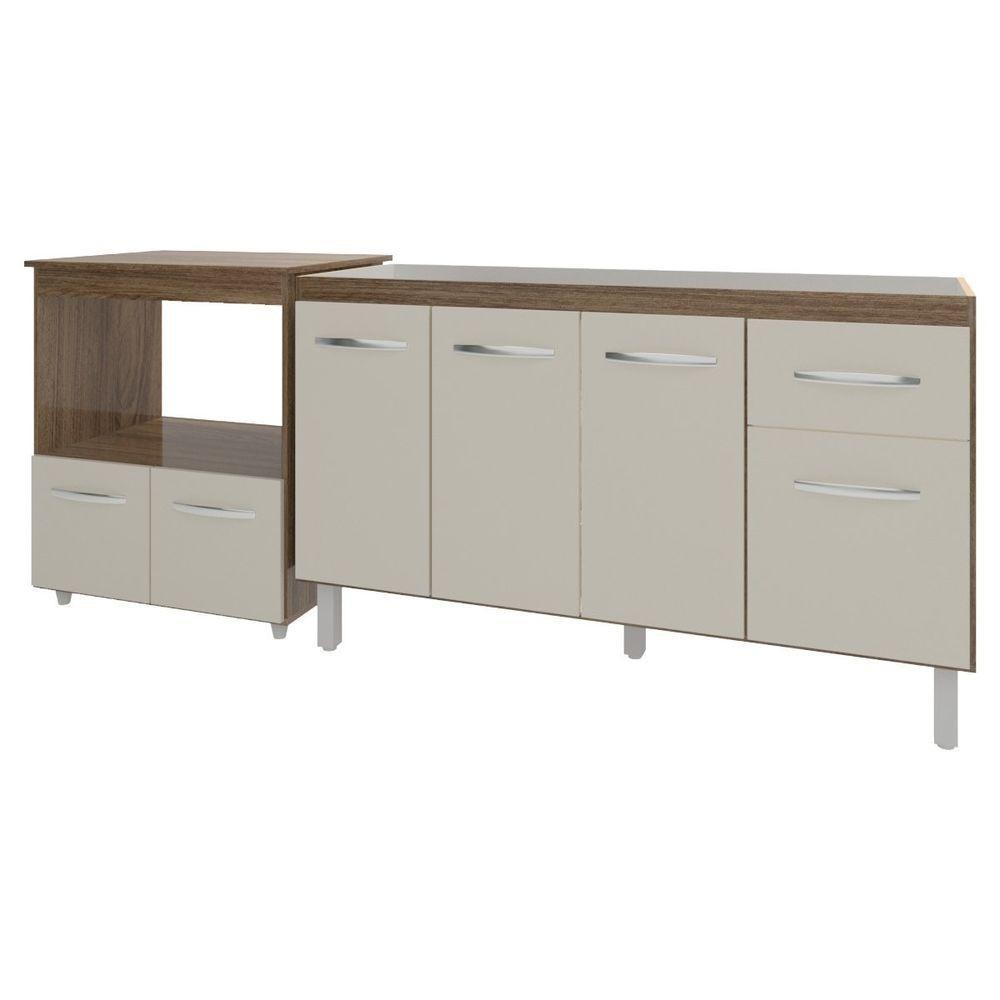 Balcão Armário Cozinha Gabinete De Pia 140 Cm Camila E Balcão Amanda Para Microondas E Forno Elétrico Savana Off White