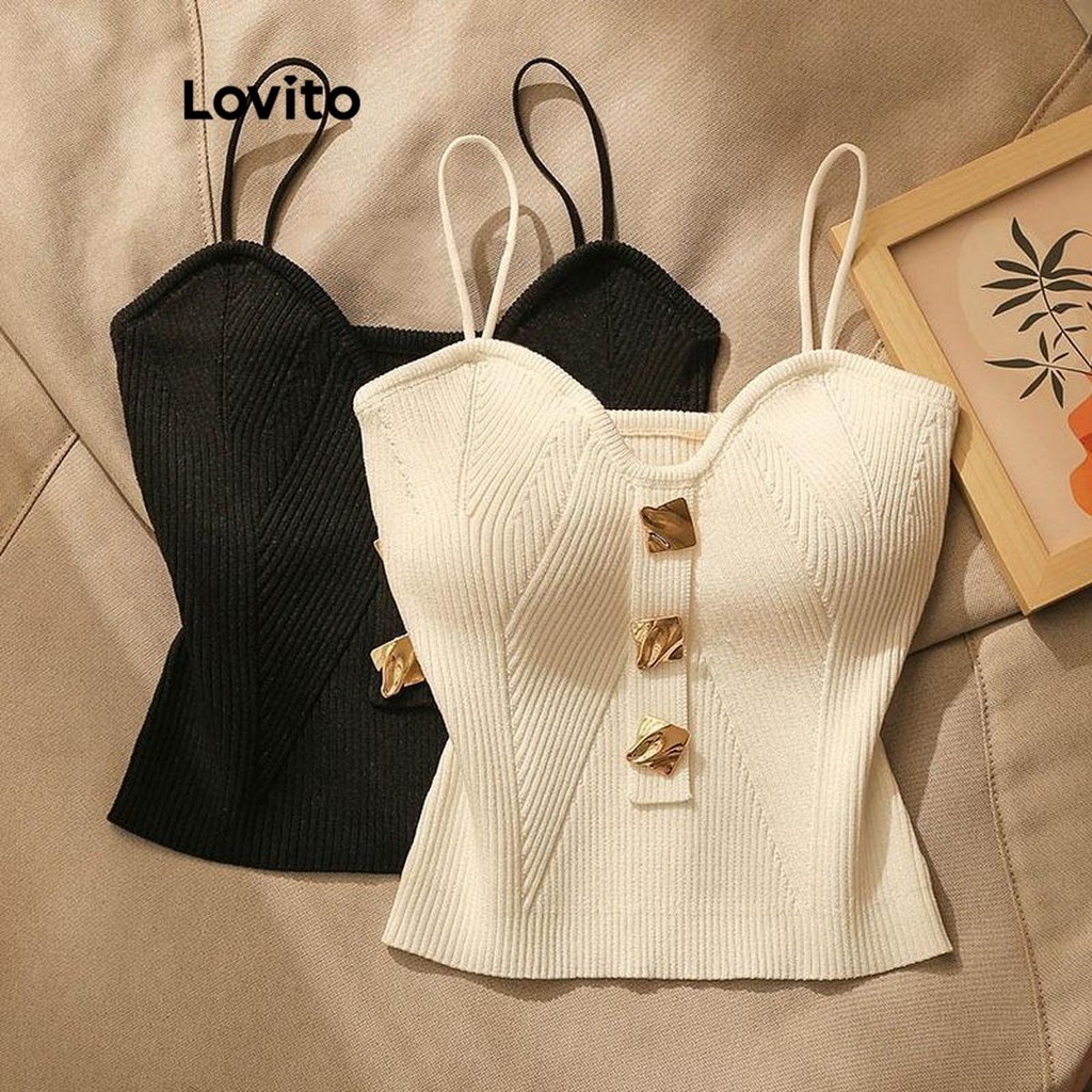(Trendy) Lovito Regata Casual Com Botão Liso De Metal Redondo Para Mulheres LNL38050 (Branco/Preto) em Oferta na Shopee