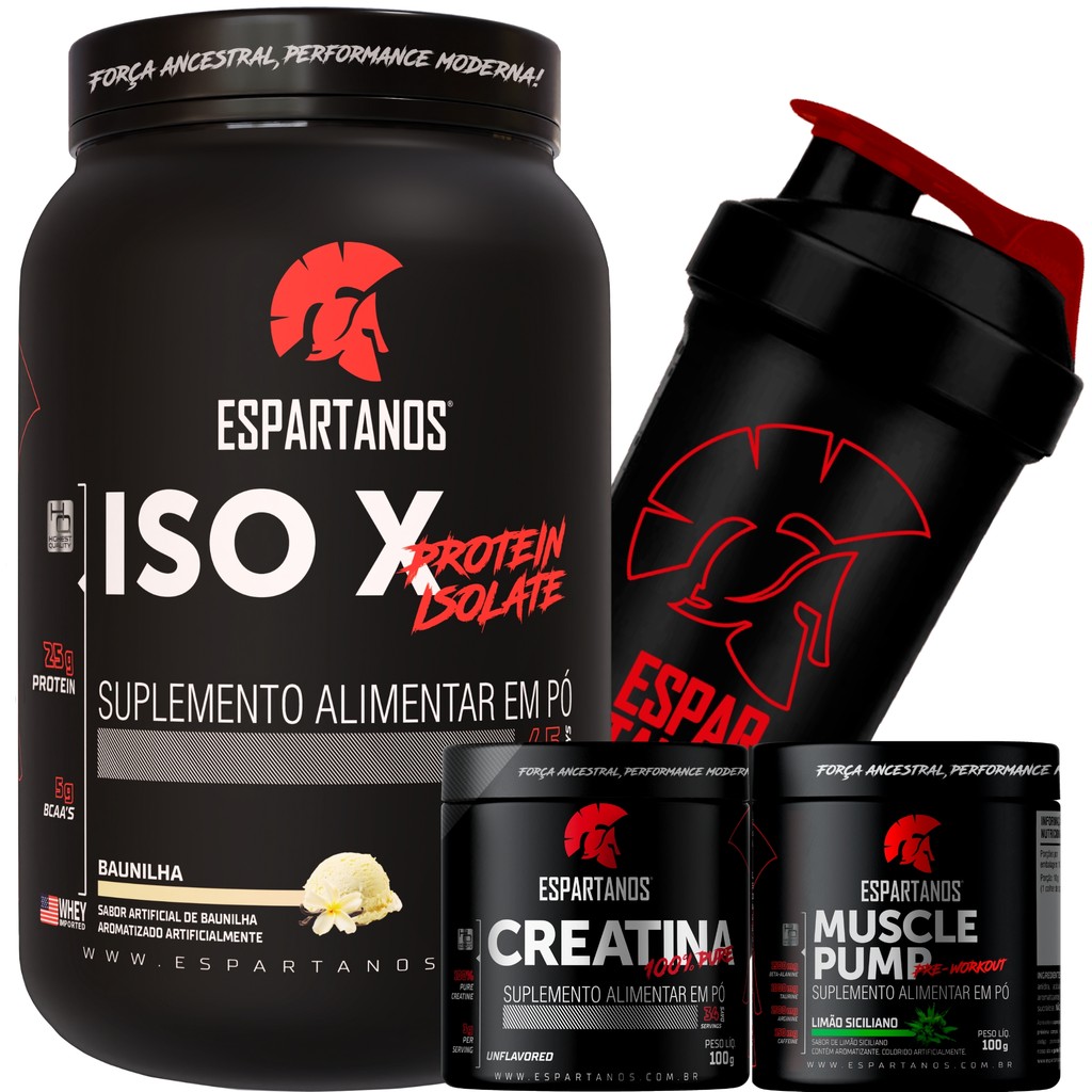 Whey Protein ISO X,Creatina,PréTreino,Coqueteleira - ESPARTANOS - Health