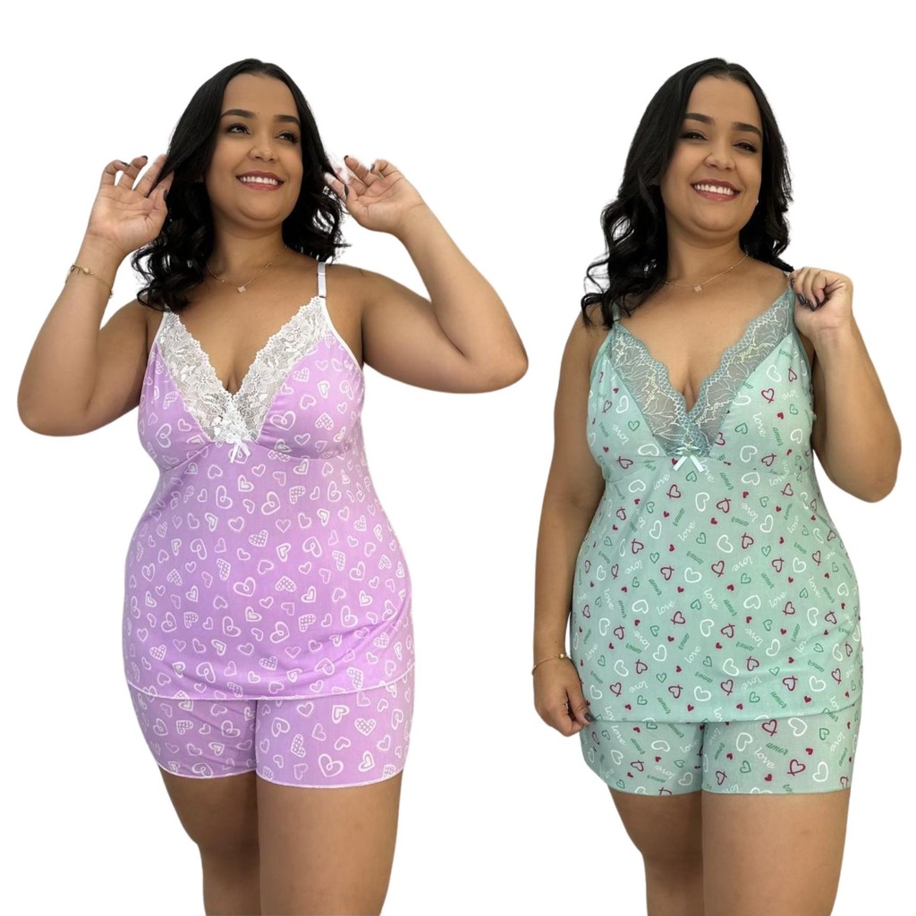 Kit Pijama Baby Doll Plus Size C/ Renda Fresquinho Shortinho Verão em Oferta na Shopee