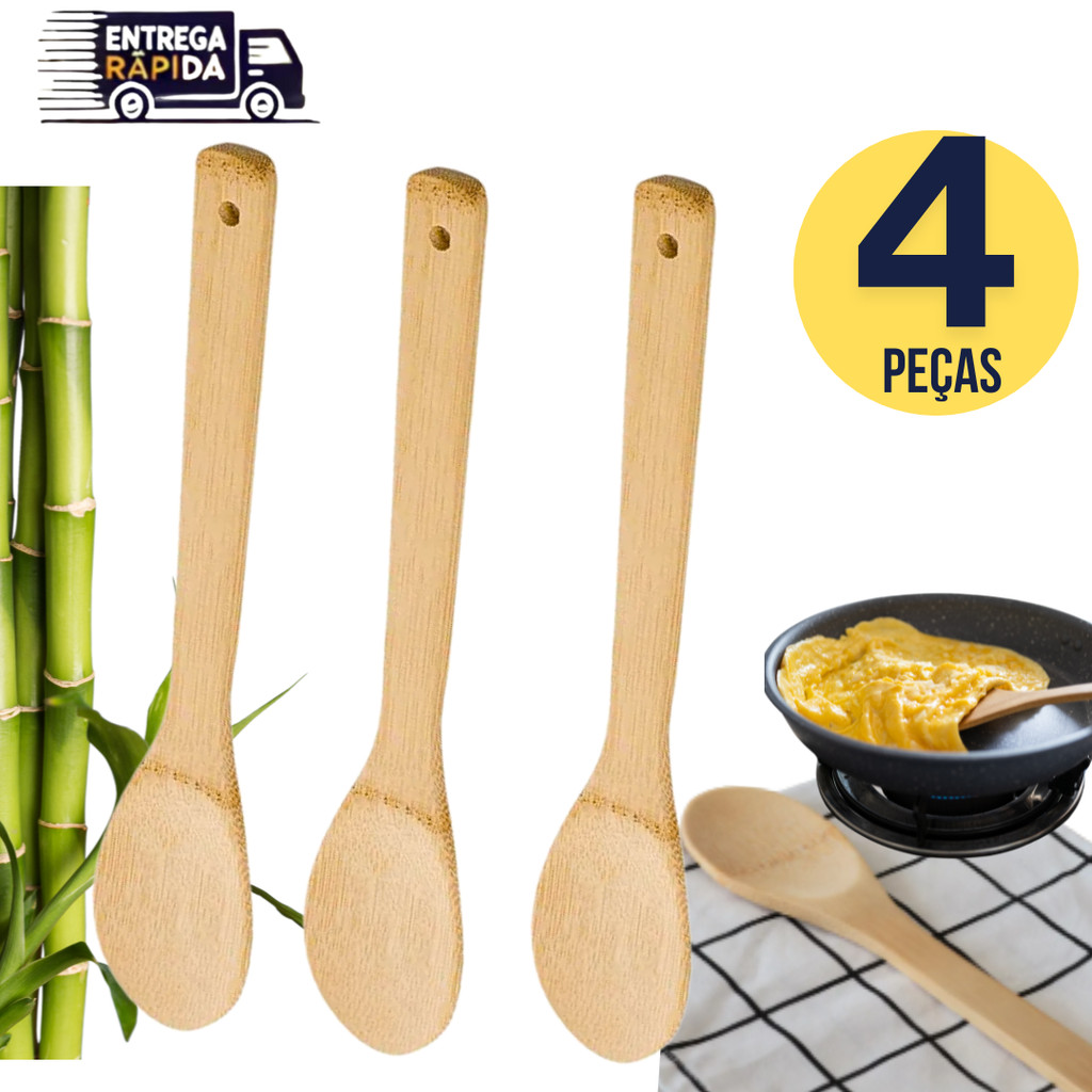 Jogo Conjunto Kit 4 Colher De Bambu 30cm Madeira Bamboo Pau Para Cozinha Multiuso Variáveis Utilidades