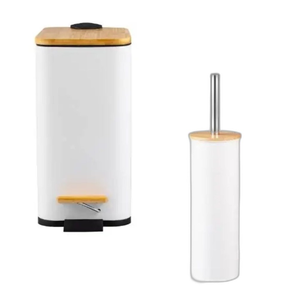Kit Lixeira Retangular 5L com Pedal + Escova Sanitária com Tampa de Bambu e Suporte Soft