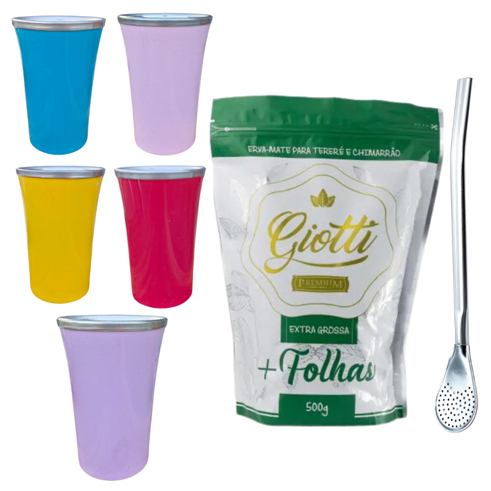 Kit Copo Térmico Tereré com Bomba e Erva Terere Pura Folha Giotti