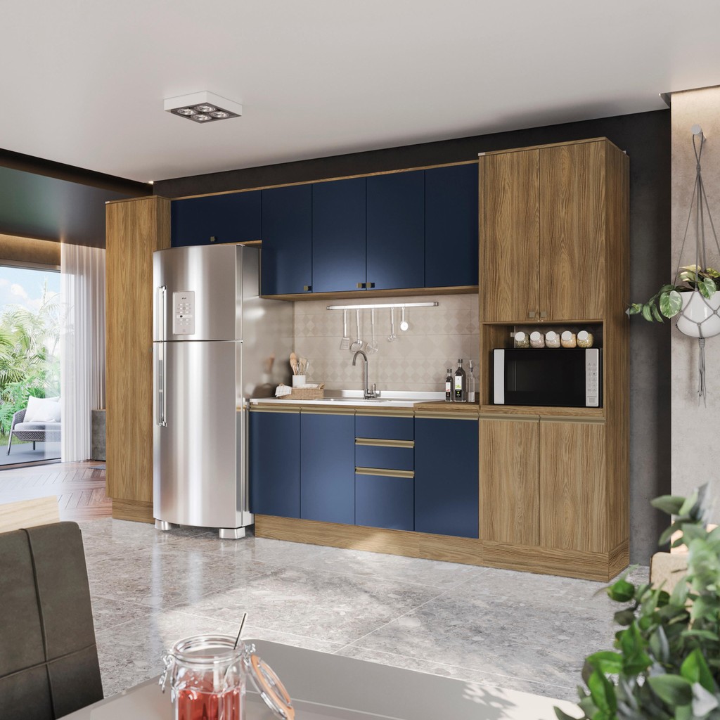 Cozinha Modulada Celeste Kappesberg 100% MDF Nogueira/Azul 8 Peças - Home & Living