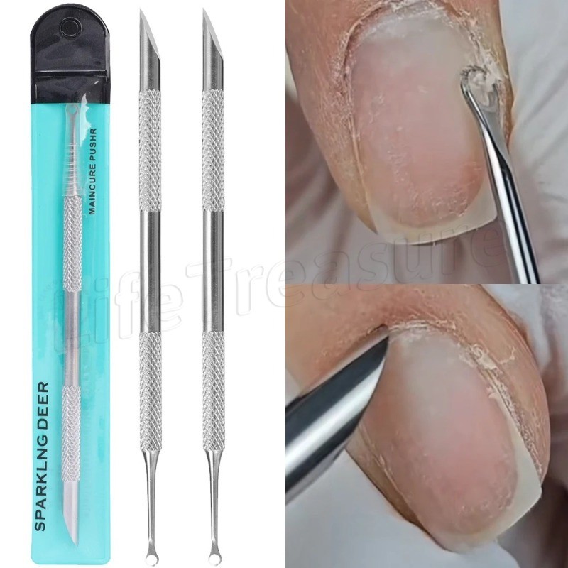 Pá De Cabeça Oblíqua Circular Push-Raspador De Ponta Dupla-Bastão De Manicure Removedor De Aço Inoxidável-Empurrador De 