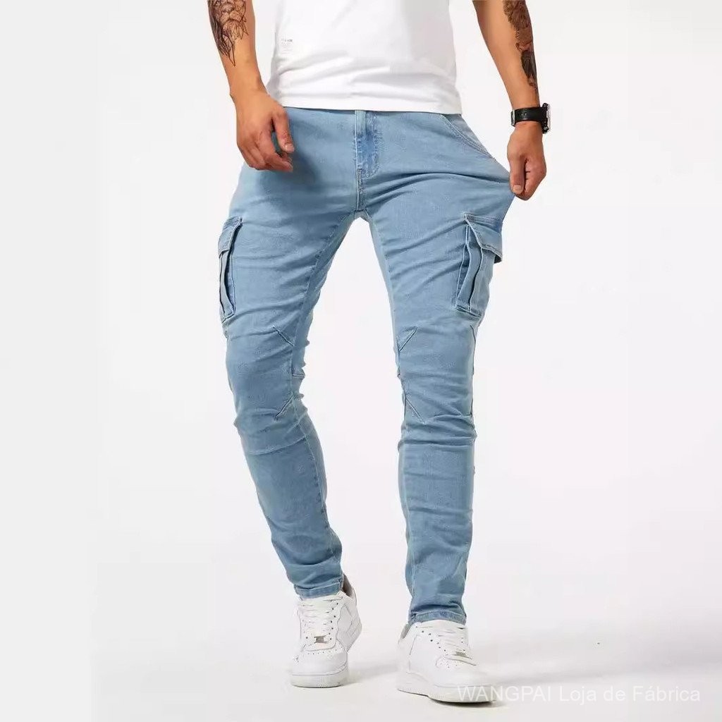 Calça Jeans Carga Masculina Bolso Lateral Skinny Jeans Skinny