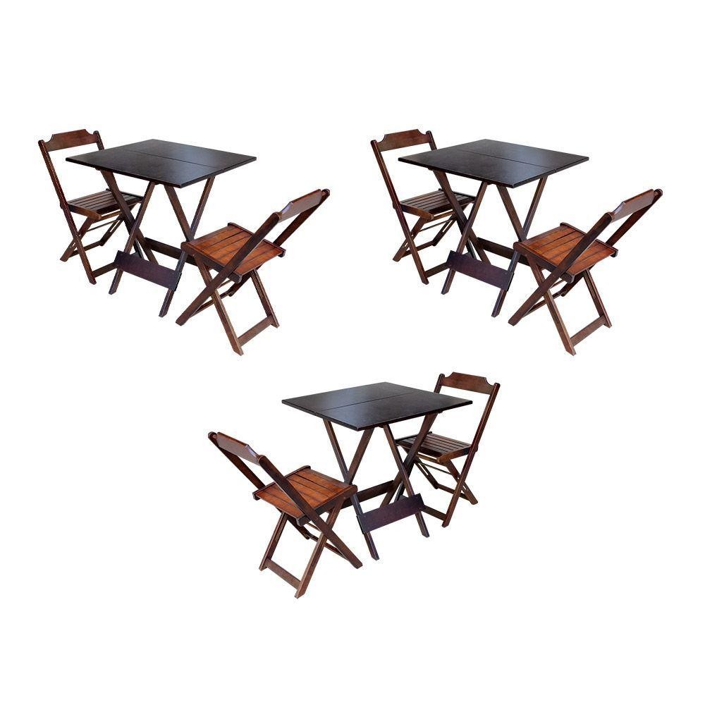 Kit 3 Conjuntos De Mesa Dobravel Com 2 Cadeiras De Madeira 70X70 Para Restaurante E Bar - Imbuia