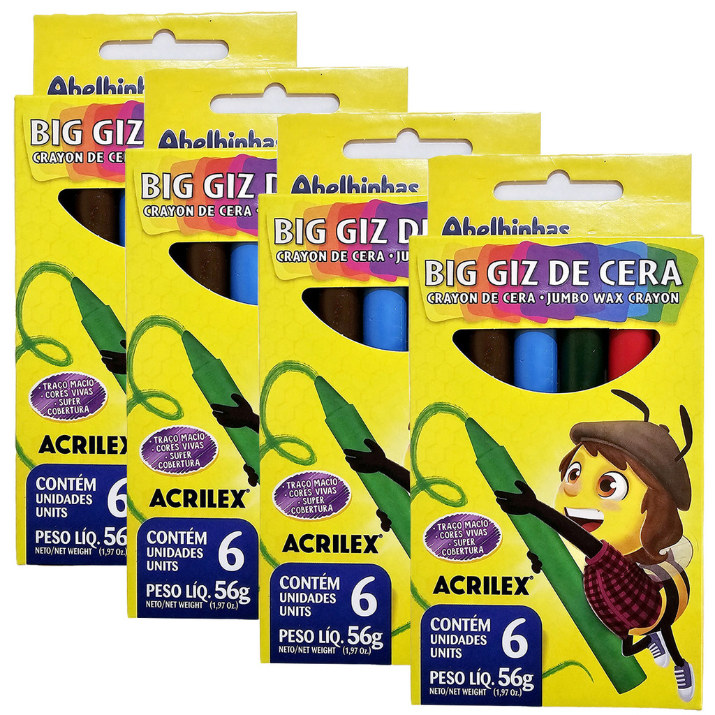 Giz De Cera Jumbo Acrilex Big Giz Atóxico Macio Infantil Escolar 06 Cores Kit C/ 4