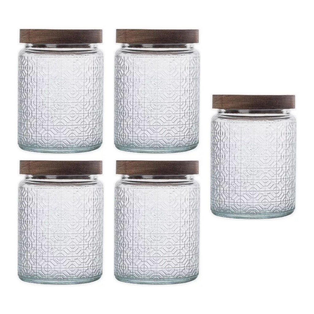 Kit 5 Pote De Vidro Baleiro 750ml Redondo Hermético Tampa Acácia Madeira Rústico Elegante Versátil