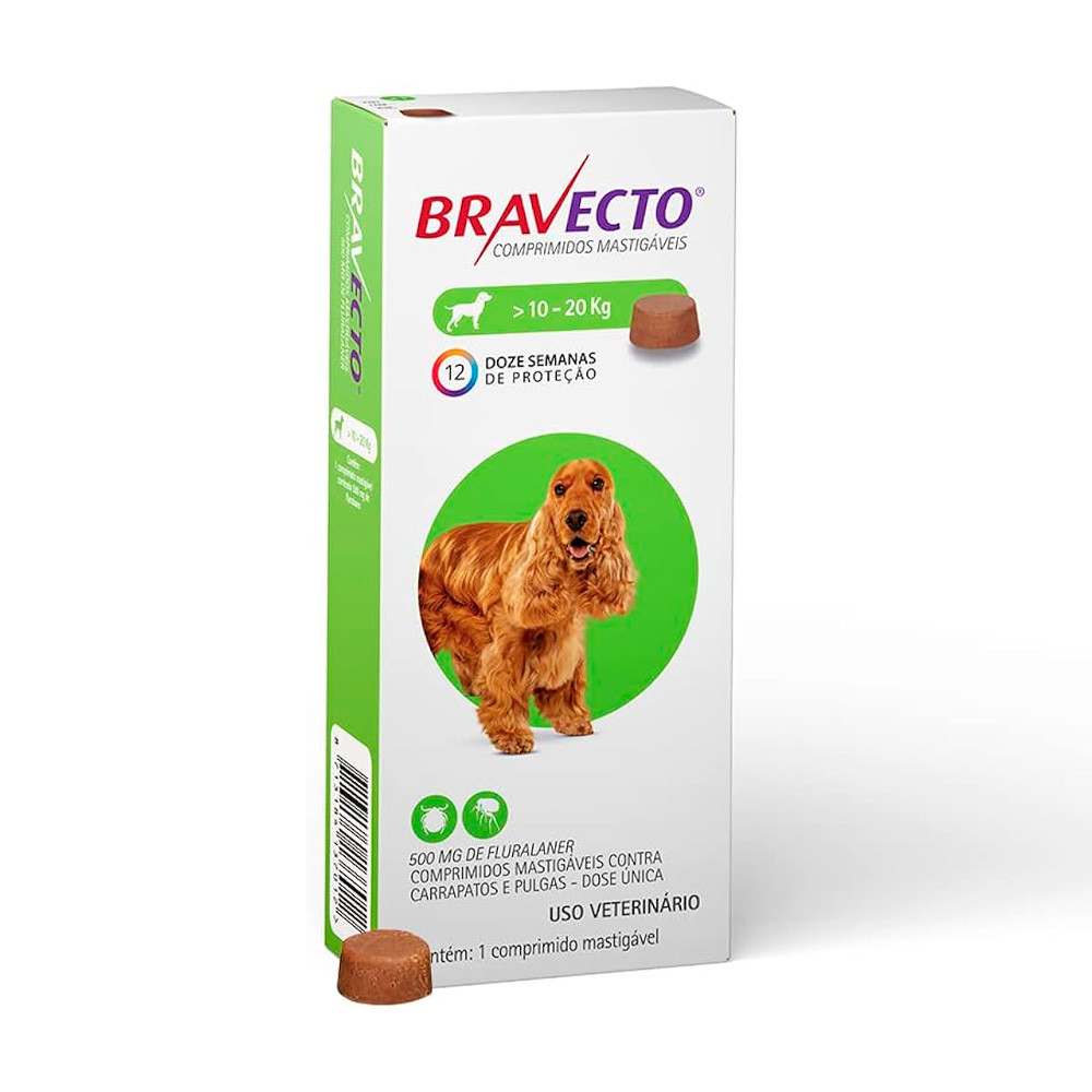 Antipulgas Bravecto Cães 10 a 20 kg Comprimido Mastigável 500 mg 1 comprimido