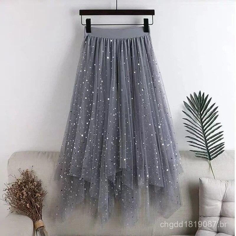 Qooth Fada Estrela Sequins Malha Tutu Saia Elástica Brilhante Cintura Longa Tule Em Linha A QT2298 em Oferta na Shopee