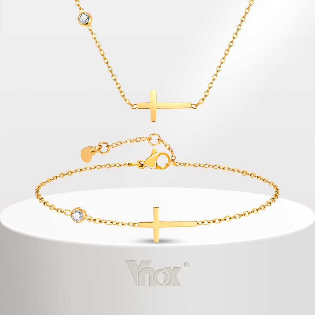 Conjunto De Pulseira De Colar Cúbico De Zircônia Cruzada De Ouro Vnox Para Mulheres , Joias Femininas De Aço Inoxidável em Oferta na Shopee